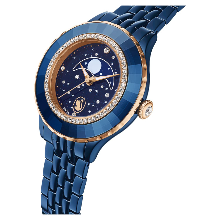 Octea moon watch Swiss Made, Metal bracelet, Blue, Blue finish